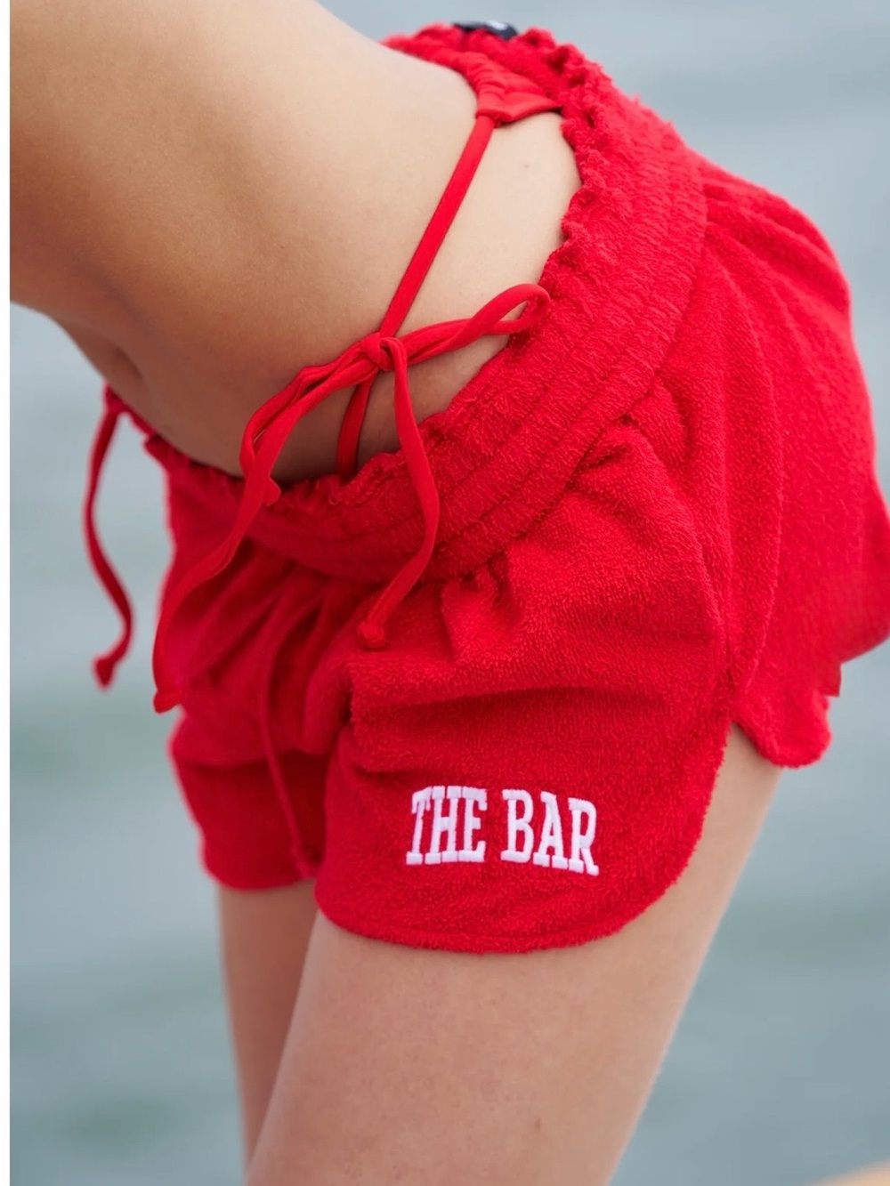 NWOT The Bar Red Terry Drawstring Athletic Shorts with White Logo